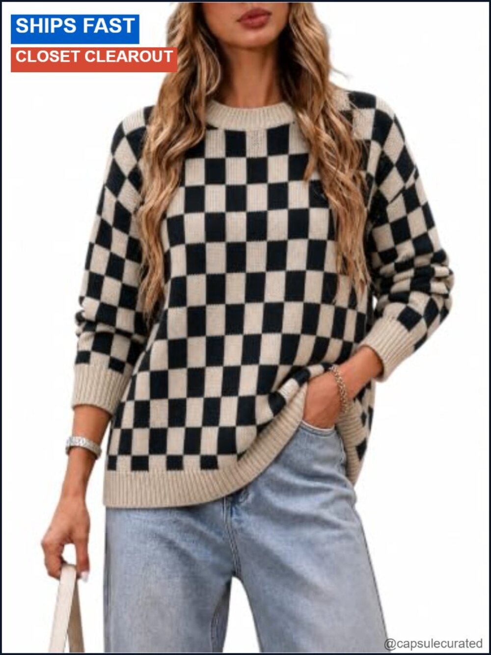 Crewneck Color Block Plaid Sweater Acrylic Cotton Blend Long Sleeve Pullover